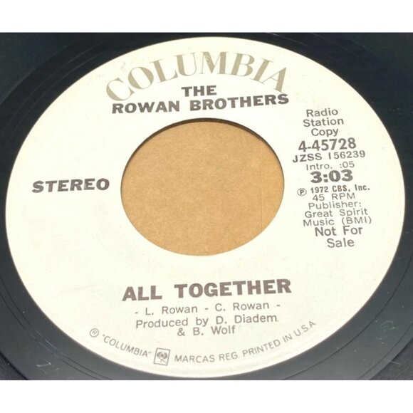 The Rowan Brothers All Together 45 RPM Vinyl 70s Country Rock Promo Columbia - Picture 1 of 6